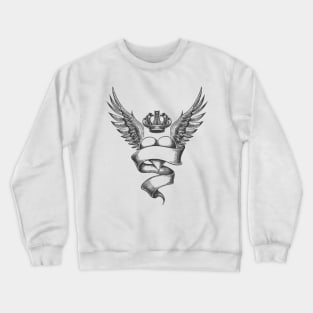 Heart with Crown and Wings Tattoo in Engraving Style. Crewneck Sweatshirt